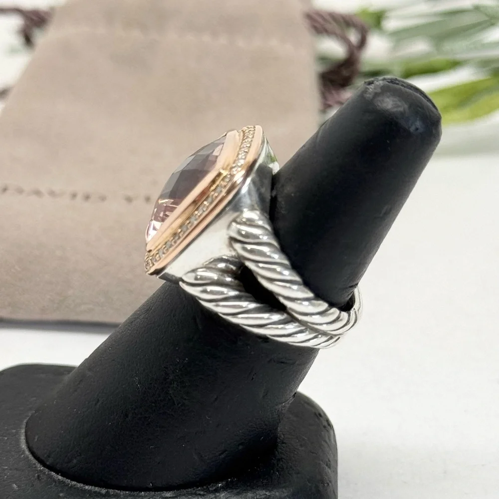 David Yurman 14mm Morganite Diamond Albion Ring .925 18K Rose Gold Sz 7 - Picture 7 of 10